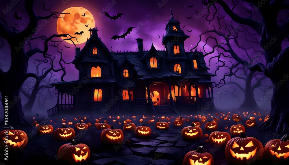 Halloween' Day with orange pumpkin, black bat, dead tree and big orange moon.