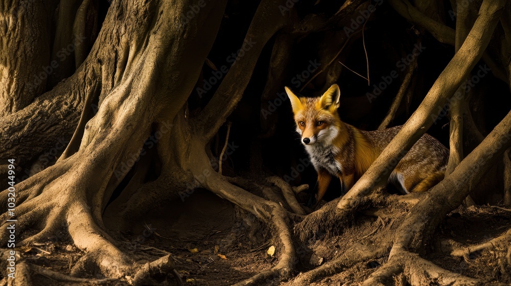 Fox in a Hidden Den Among Tree Roots Fox in a Hidden Den Among Tree Roots