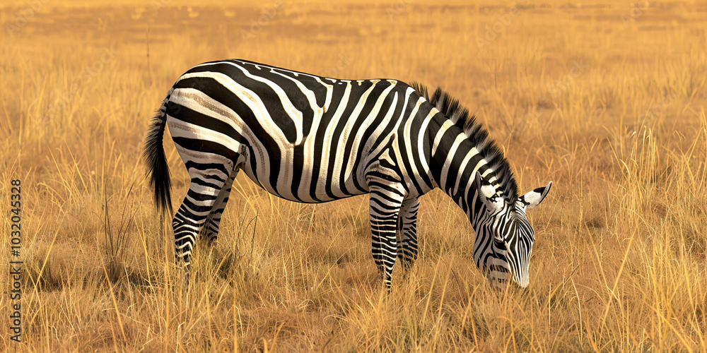 Obraz premium A black-and-white zebra grazing in a grassy plain, its stripes contrasting against the earthy brown background.