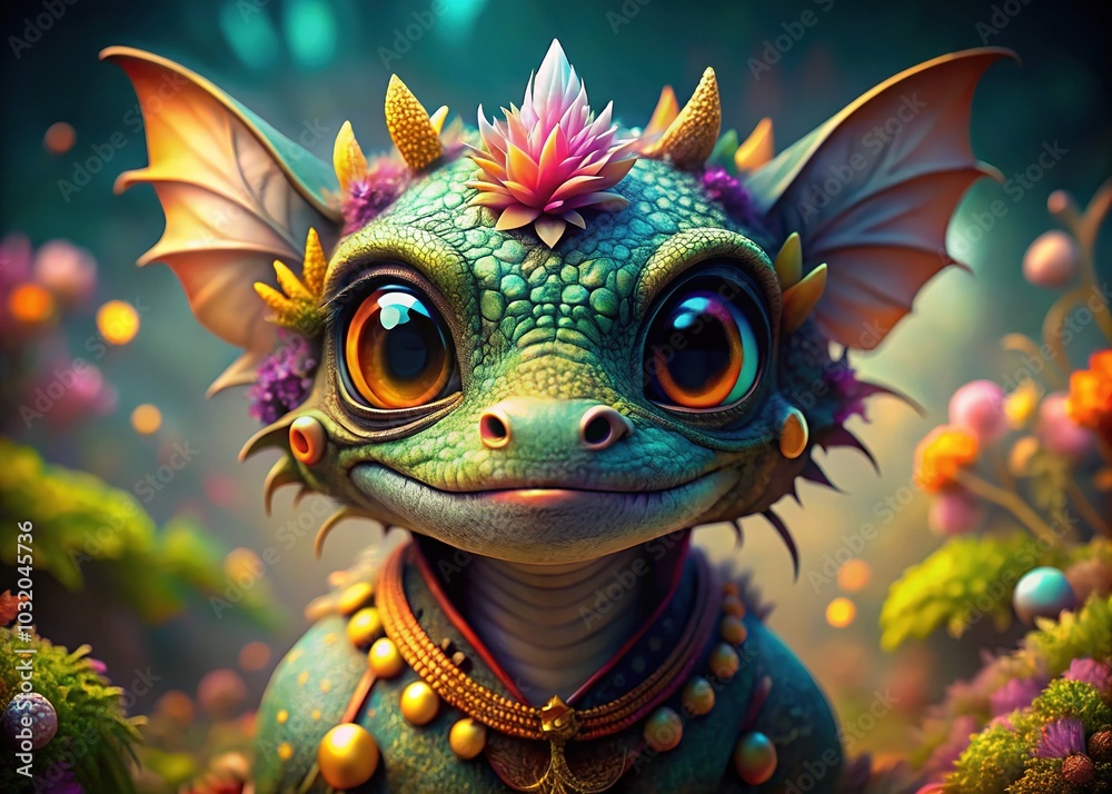 Adorable Small Dragon with Big Eyes and Gentle Smile in Fashion Photography Setting, Emphasizing Whimsical Style and Unique Charm Adorable Small Dragon with Big Eyes and Gentle Smile in Fashion Photography Setting, Emphasizing Whimsical Style and Unique Charm