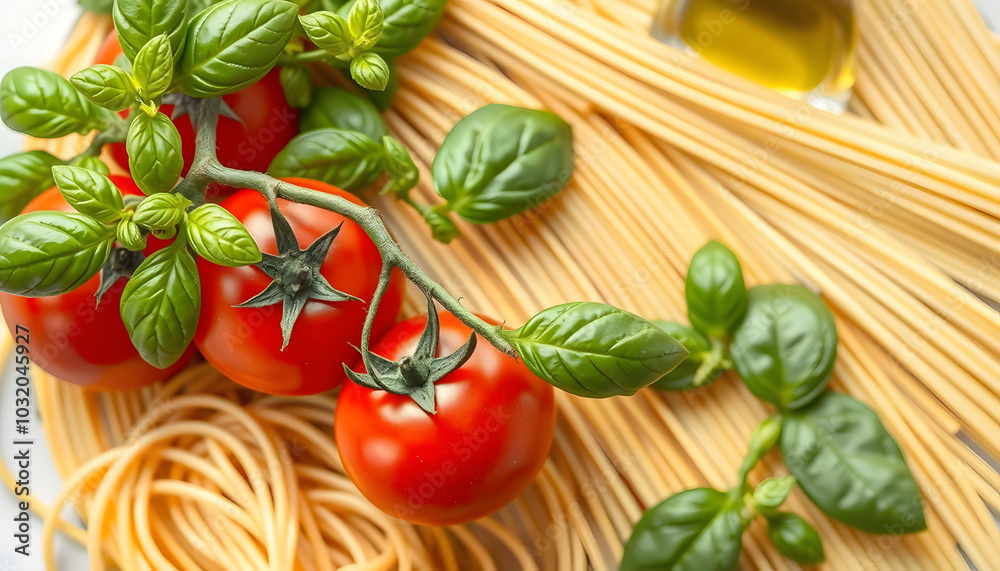 Italian food background with vine tomatoes, basil, spaghetti, olive oil. Top view isolated with white highlights, png Italian food background with vine tomatoes, basil, spaghetti, olive oil. Top view isolated with white highlights, png