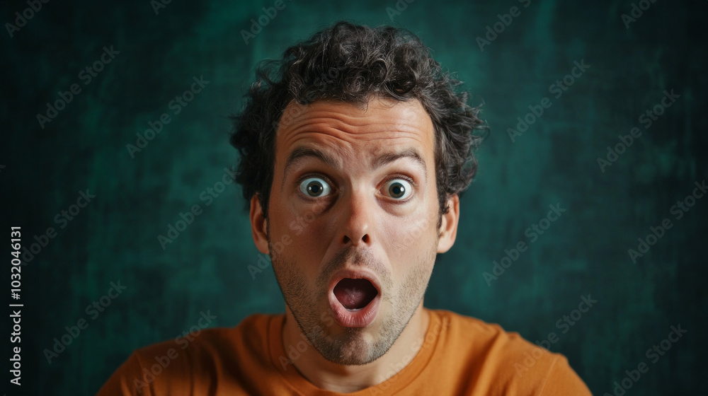 Surprised man expressing shock with wide eyes in a dark setting during an unexpected moment Surprised man expressing shock with wide eyes in a dark setting during an unexpected moment