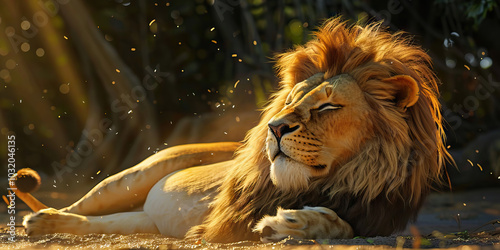 A regal lion splayed out in the sun, with a brilliant mane that glistens in the light. photo