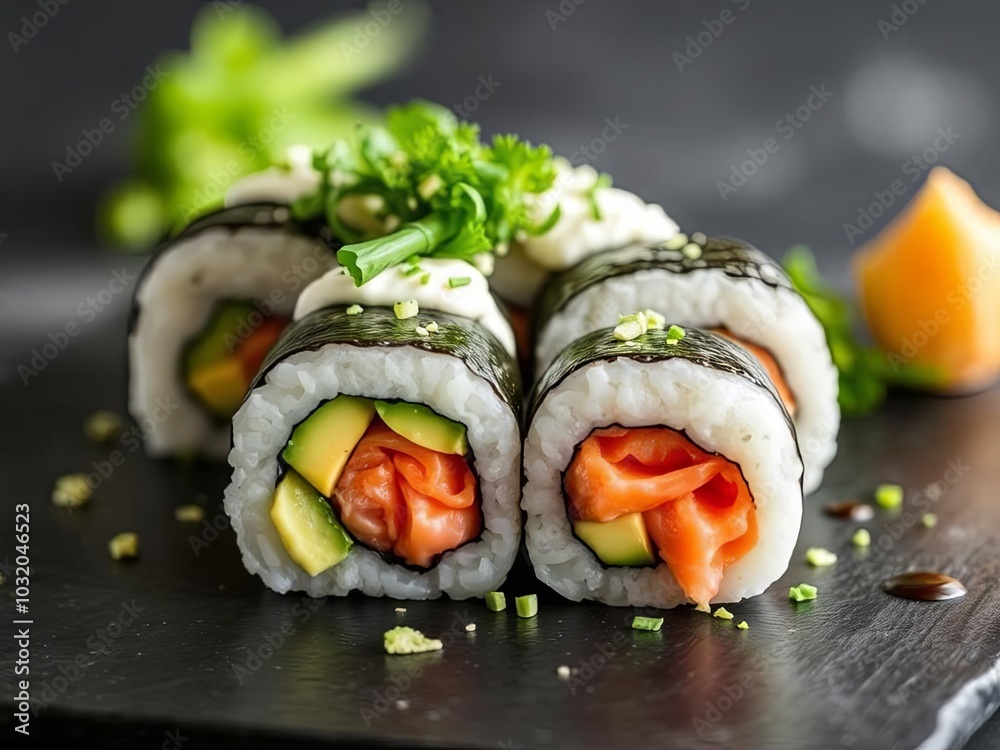 Close up of a salmon and avocado sushi roll on a black plate Close up of a salmon and avocado sushi roll on a black plate