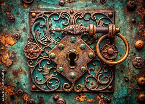 Aerial View of Ancient Rusted Lock Mechanism with Ornate Copper Design - Vintage Security and Historic Combination Lock Plate Aesthetic