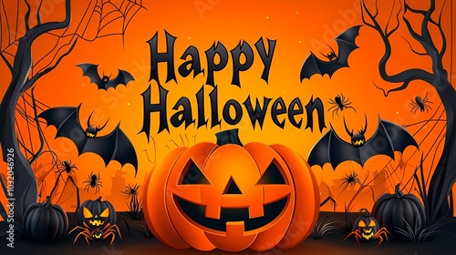 A vibrant Halloween scene featuring a grinning pumpkin, bats, and spooky trees against an orange backdrop with the text 