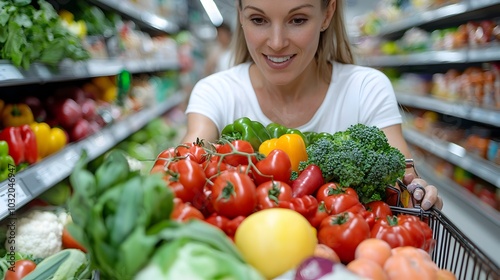 Grocery Shopping Cart Full of Assorted Food Items Being Pushed Through Crowded and Busy Supermarket Aisles by a Shopper photo