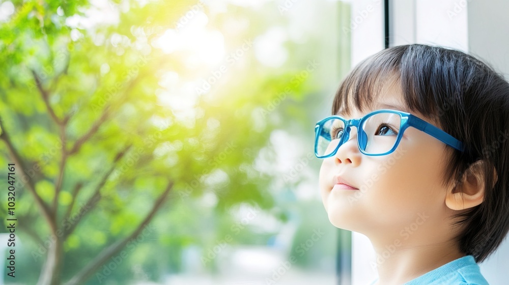 Young child wearing blue glasses focusing on distant tree outside window, symbolizing myopia prevention and importance of outdoor activities. Young child wearing blue glasses focusing on distant tree outside window, symbolizing myopia prevention and importance of outdoor activities.