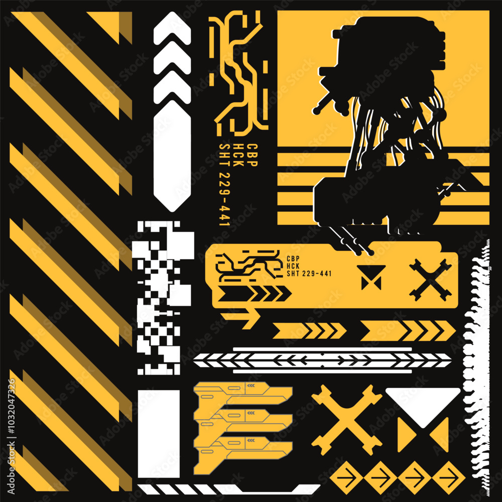Fototapeta premium cyberpunk y2k 2000s gaming futuristic icon pattern set collection template hud for branding fashion t-shirt decoration decals, 2d illustration rendering vector 