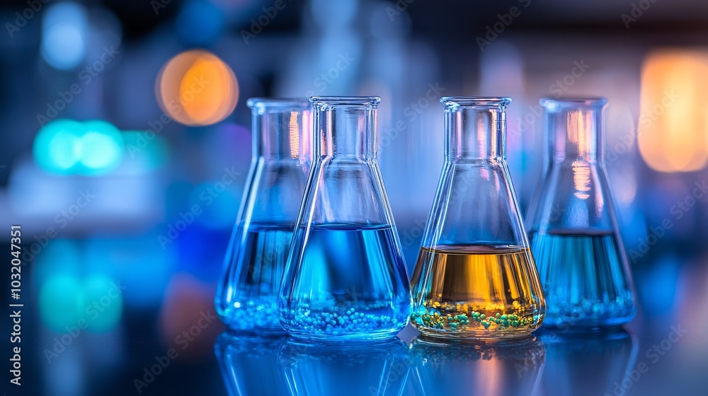 Petri dishes filled with colorful cultures beside advanced lab instruments on a highly organized bench Stock Photo with side copy space Petri dishes filled with colorful cultures beside advanced lab instruments on a highly organized bench Stock Photo with side copy space