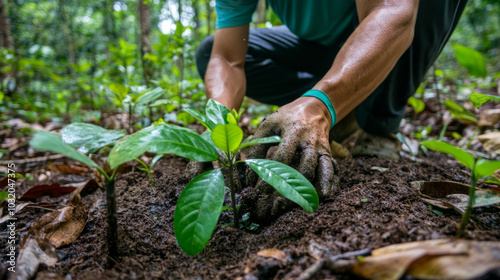 A person planting a young tree in rich soil amid a vibrant forest during the day