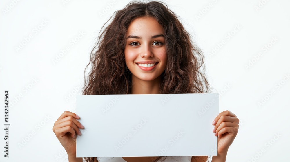 Woman holding a blank white sign and smiling at the camera Woman holding a blank white sign and smiling at the camera