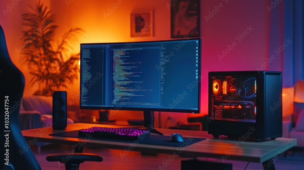 Gaming Setup with Computer Monitor and RGB Lighting Gaming Setup with Computer Monitor and RGB Lighting