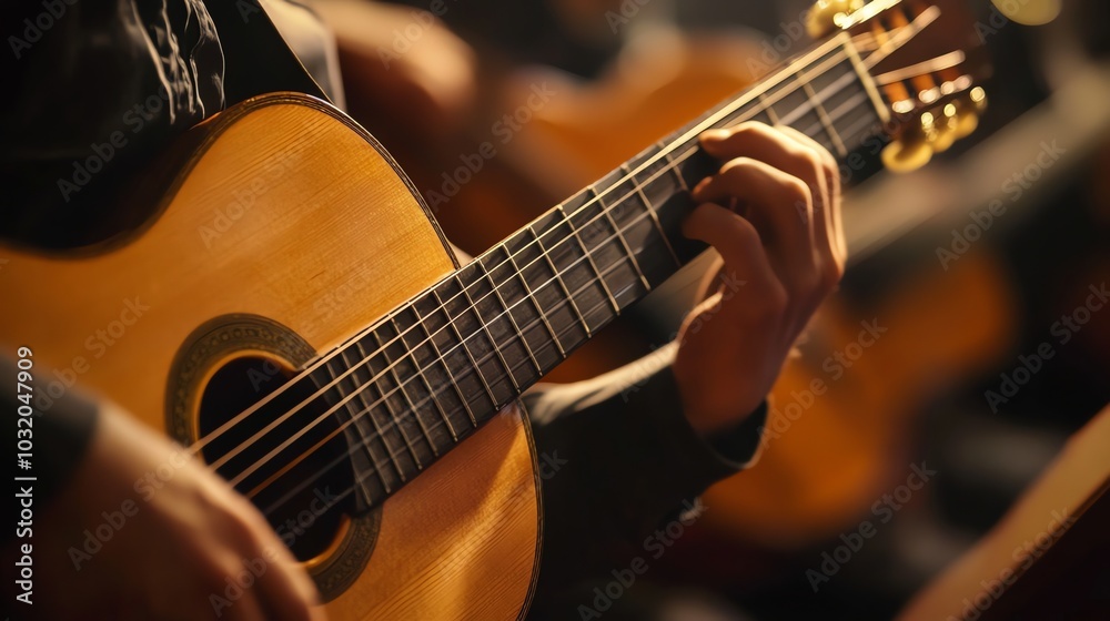 Obraz premium A man plays an acoustic guitar.