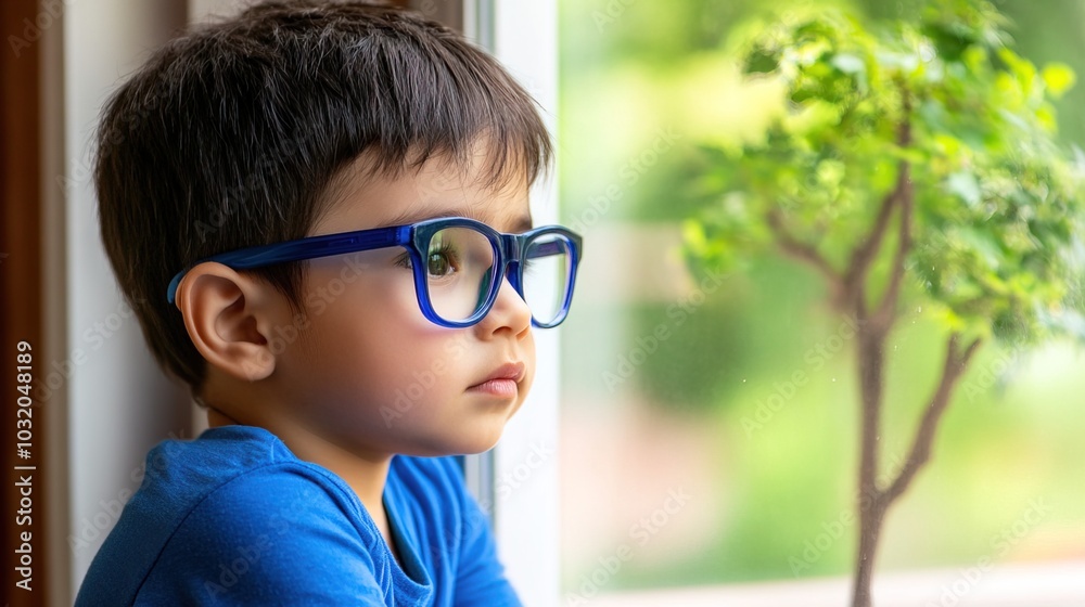Young child wearing blue glasses focusing on distant tree outside window, symbolizing myopia prevention and importance of outdoor activities. Young child wearing blue glasses focusing on distant tree outside window, symbolizing myopia prevention and importance of outdoor activities.