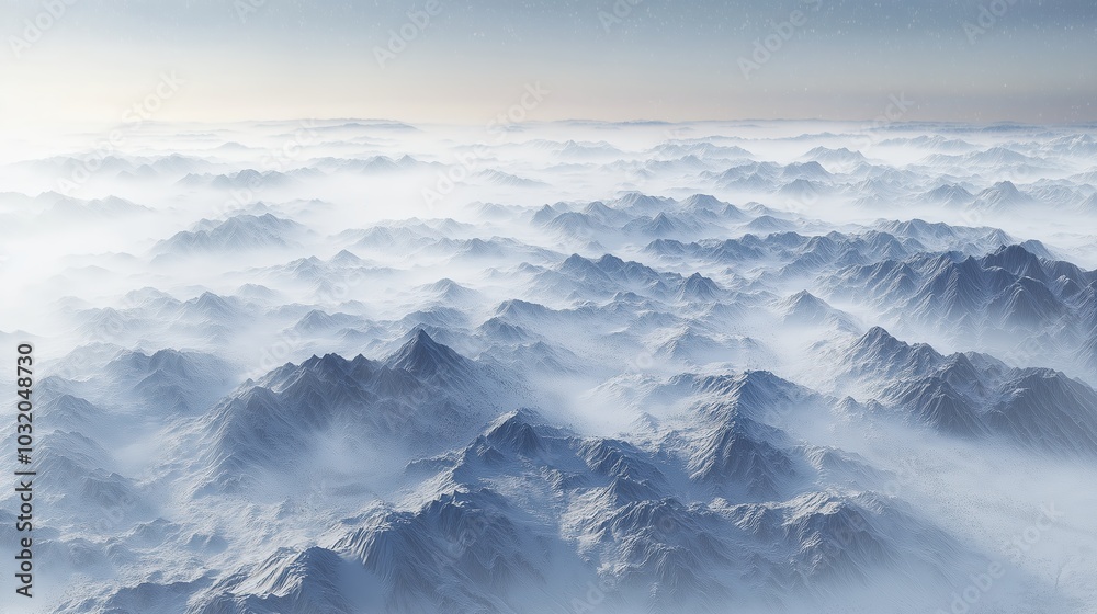 A serene aerial view of mist-covered mountains, depicting a tranquil and ethereal landscape enveloped in soft blue hues. A serene aerial view of mist-covered mountains, depicting a tranquil and ethereal landscape enveloped in soft blue hues.