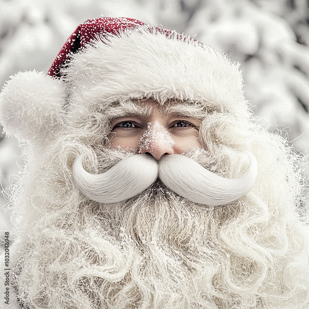 Cheerful Santa Claus portrait, snowy background, festive spirit and holiday cheer