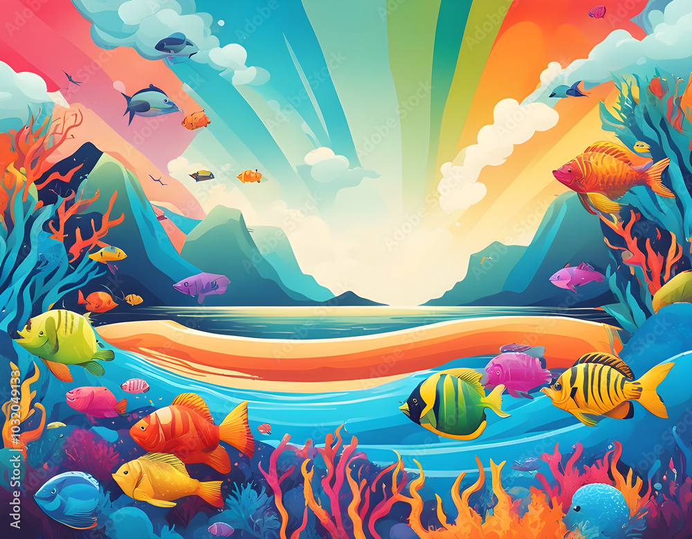 Obraz premium colorful sea ​​world with cool isolated pop art style background