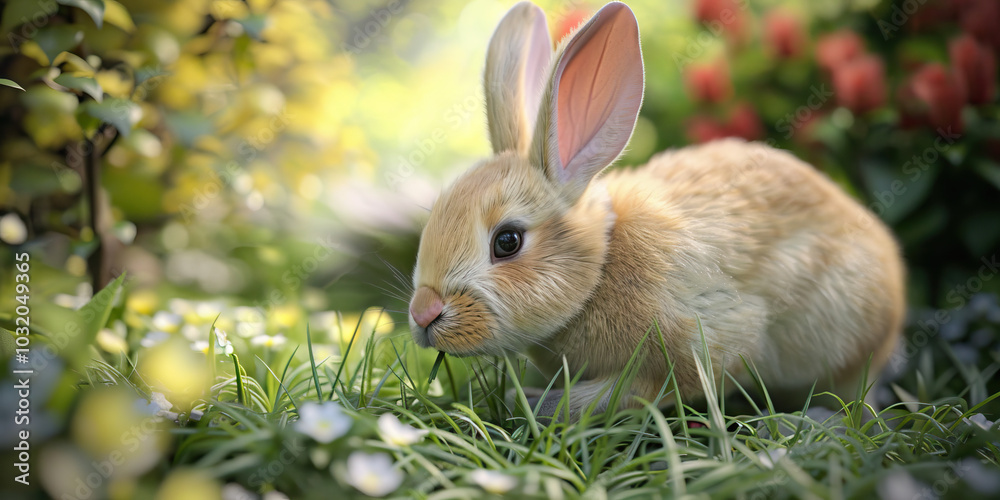 A gentle, soft-furred rabbit nibbling on grass in a serene garden setting, its pink nose twitching. A gentle, soft-furred rabbit nibbling on grass in a serene garden setting, its pink nose twitching.