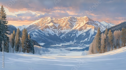 A serene winter landscape featuring snow-covered mountains, evergreen trees, and a soft pastel sky.