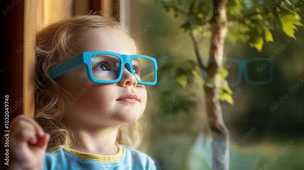 Young child wearing blue glasses focusing on distant tree outside window, symbolizing myopia prevention and importance of outdoor activities. Young child wearing blue glasses focusing on distant tree outside window, symbolizing myopia prevention and importance of outdoor activities.