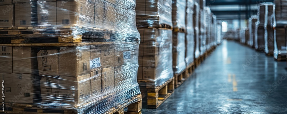 Pallets of goods wrapped in plastic, ready for transport in a high-efficiency warehouse Pallets of goods wrapped in plastic, ready for transport in a high-efficiency warehouse