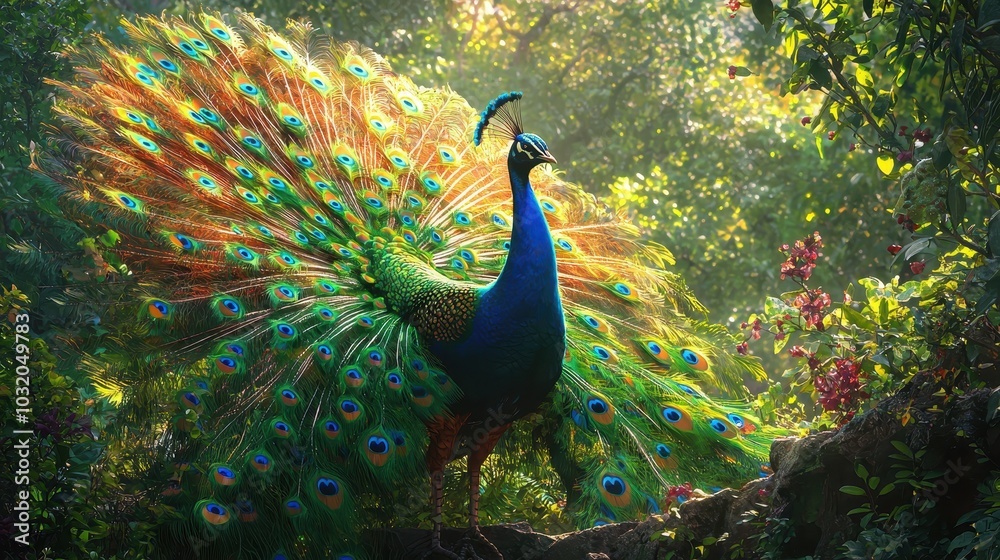 Obraz premium Vibrant Peacock Showcasing Stunning Feathers Outdoors