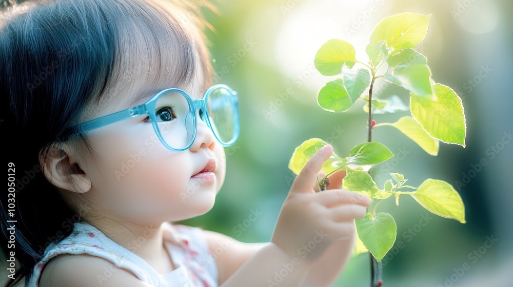 Young child wearing blue glasses focusing on distant tree outside window, symbolizing myopia prevention and importance of outdoor activities. Young child wearing blue glasses focusing on distant tree outside window, symbolizing myopia prevention and importance of outdoor activities.