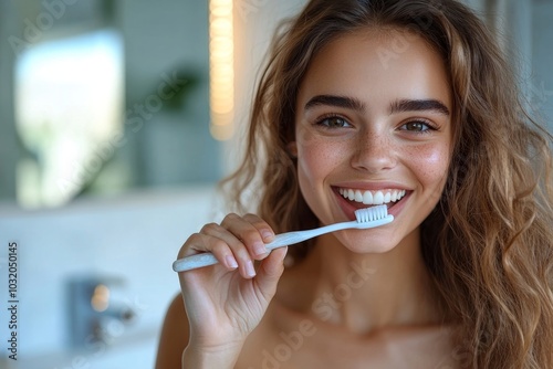 Woman Brushing Teeth Holding Toothbrush Smiling To Mirror In Bathroom, Generative AI