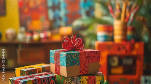 Colorful Kwanzaa gifts wrapped in vibrant paper displayed in a cozy holiday setting at home