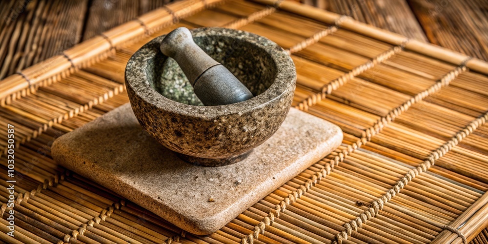 A rustic mortar and pestle set on a woven mat. A rustic mortar and pestle set on a woven mat.