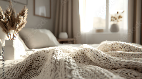 Preparing for the Winter Season with Cozy and Comfortable Bedding large copy space area, Cozy Autumn Bedroom Interior Sunlit Bed with Knit Blanket, Fall Colors Outside the Window 