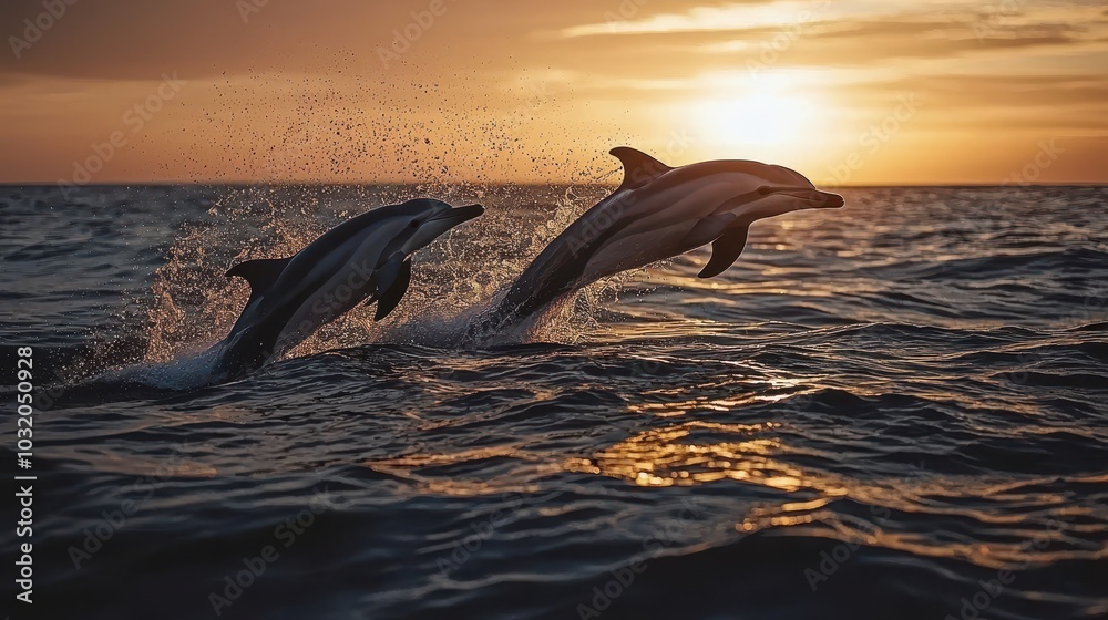 Fototapeta premium Dolphins Leaping Out of Water at Sunset