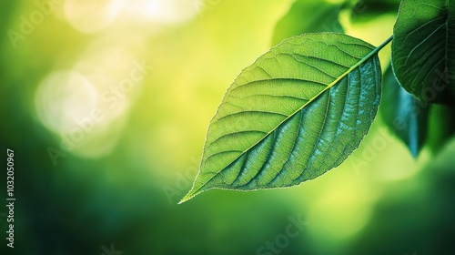 Close-up of green leaf on blurred greenery background, perfect for nature content.