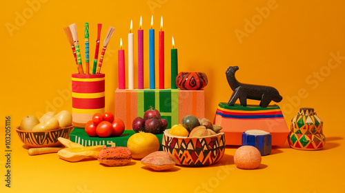 Kwanzaa celebration with vibrant festive decor and traditional symbols displayed prominently photo