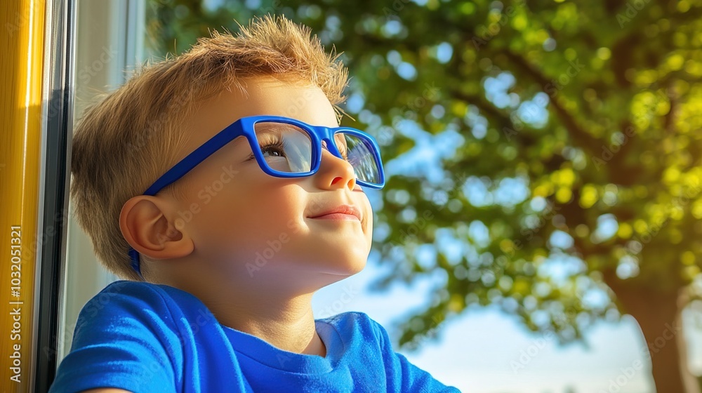 Young child wearing blue glasses focusing on distant tree outside window, symbolizing myopia prevention and importance of outdoor activities. Young child wearing blue glasses focusing on distant tree outside window, symbolizing myopia prevention and importance of outdoor activities.