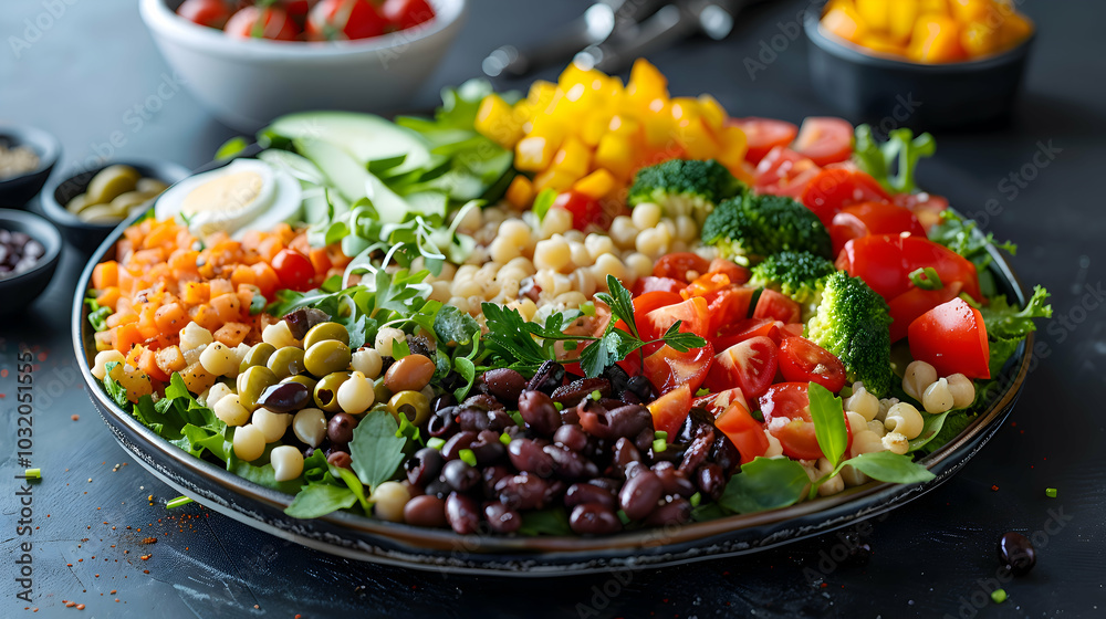 A platter of assorted couscous salad with various toppings A platter of assorted couscous salad with various toppings