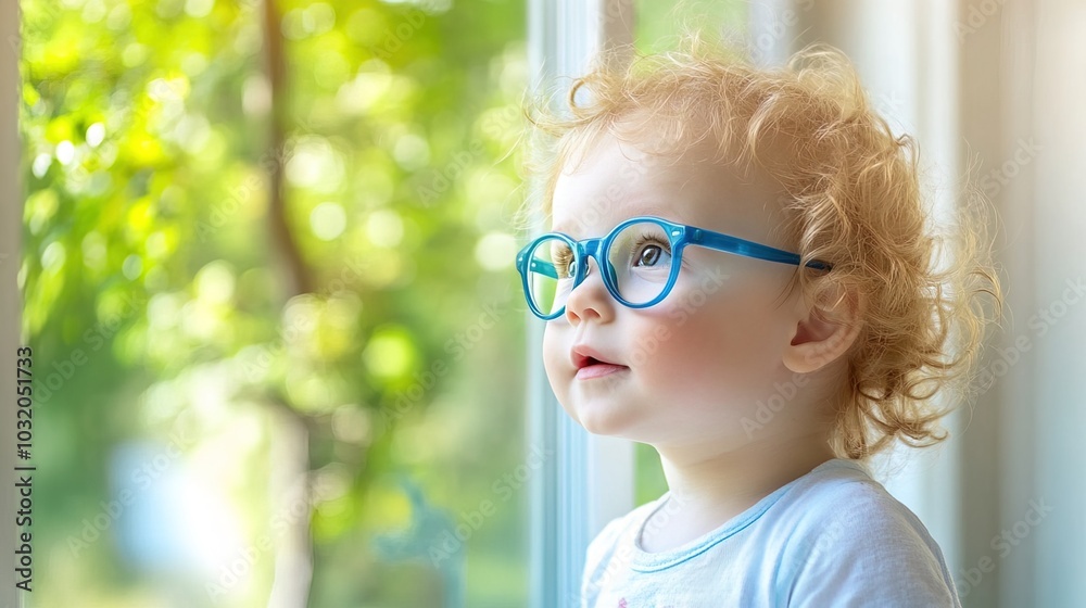 Young child wearing blue glasses focusing on distant tree outside window, symbolizing myopia prevention and importance of outdoor activities. Young child wearing blue glasses focusing on distant tree outside window, symbolizing myopia prevention and importance of outdoor activities.