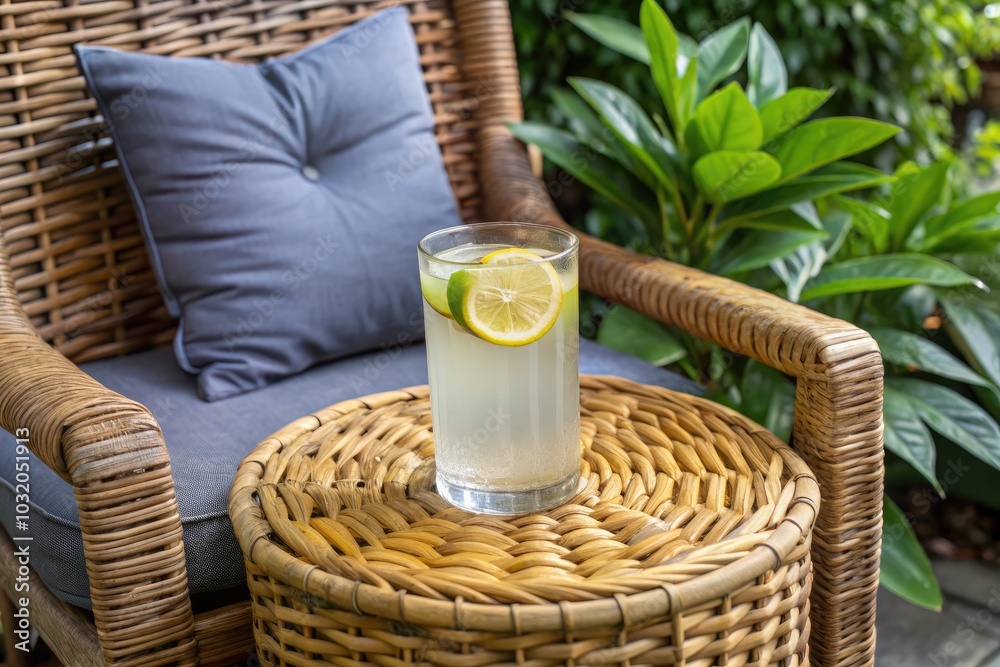 A cozy patio chair with a refreshing lemon drink on a wicker table.