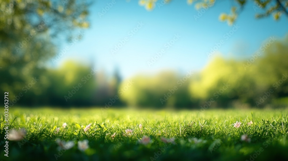 Delightful spring scene with blurred background of green grass, trees, bright sky. Nature Delightful spring scene with blurred background of green grass, trees, bright sky. Nature