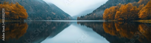 A pristine lake with perfectly still water reflecting the surrounding nature