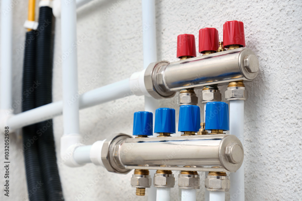 Pipes and valves for opening hot and cold water in the heating and water supply system in an small apartment or house. Close-up a manifold for central heating. Pipes and valves for opening hot and cold water in the heating and water supply system in an small apartment or house. Close-up a manifold for central heating.