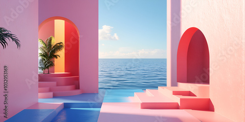 Stunning Mediterranean View through a Vibrant Pink Arch
