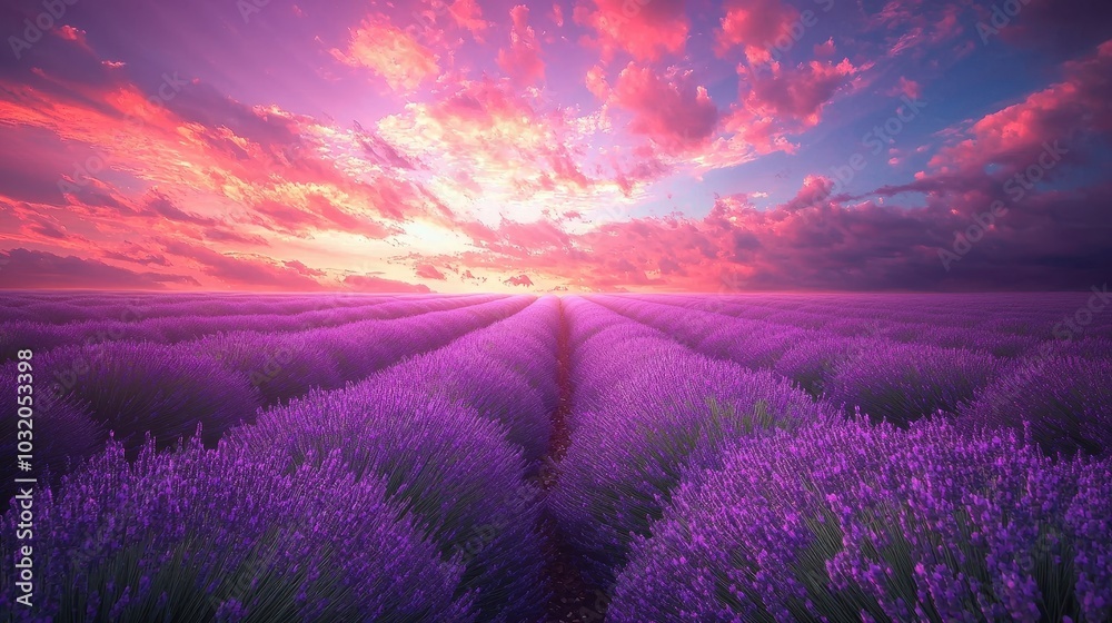 Lavender Fields in Full Bloom Under a Colorful Sky Lavender Fields in Full Bloom Under a Colorful Sky