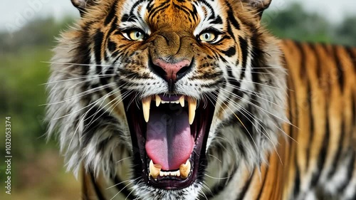 Roaring tiger in natural habitat, close-up view. Wildlife and predator concept.