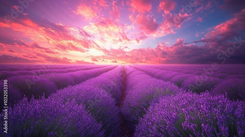 Lavender Fields in Full Bloom Under a Colorful Sky