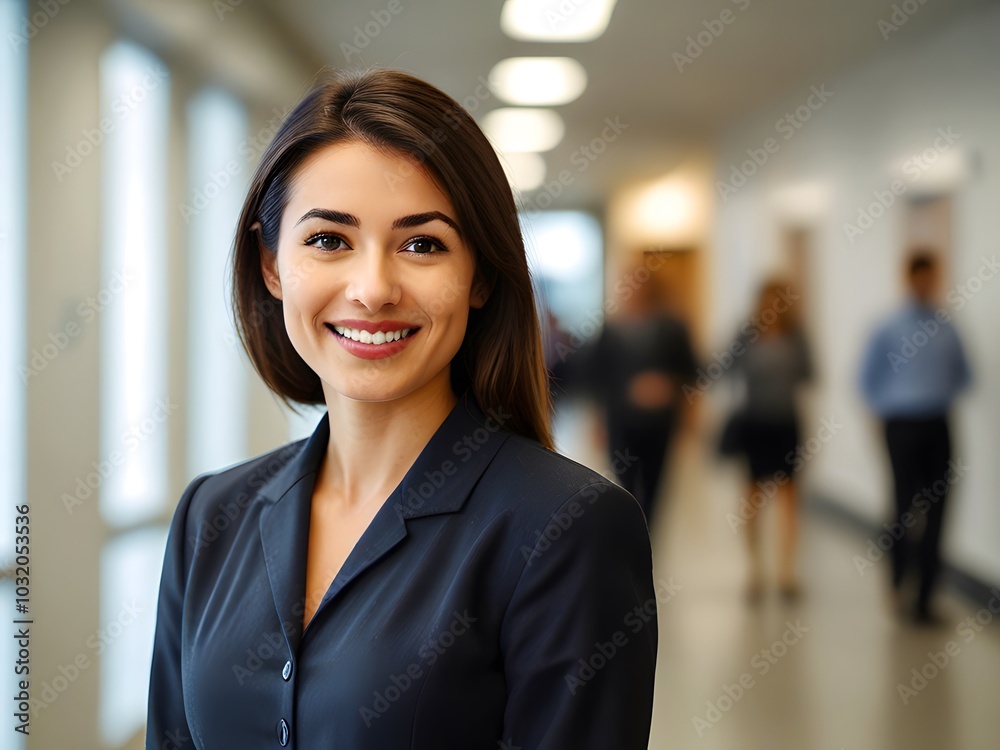 Businessperson Smiling Softly in a Modern Office Businessperson Smiling Softly in a Modern Office