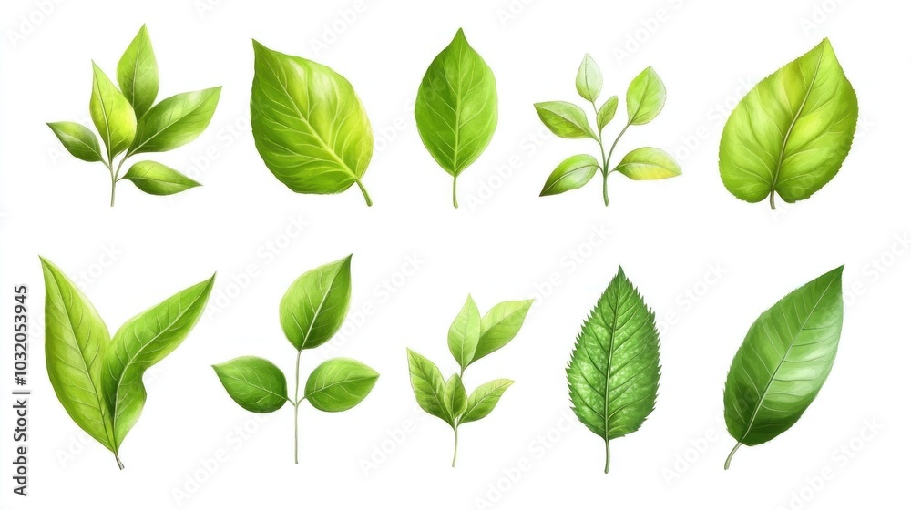 Green nature leaves on white background, ideal for design projects and nature themes. Natural simplicity. Green nature leaves on white background, ideal for design projects and nature themes. Natural simplicity.