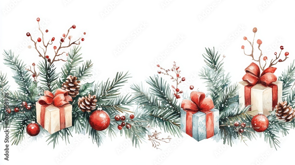 Naklejka premium Christmas gifts with red ribbons surrounded by fir branches, ornaments, and berries in a festive holiday decoration with gold stars and pinecones