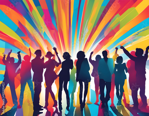 colorful Happy party people silhouettes with cool isolated pop art style background